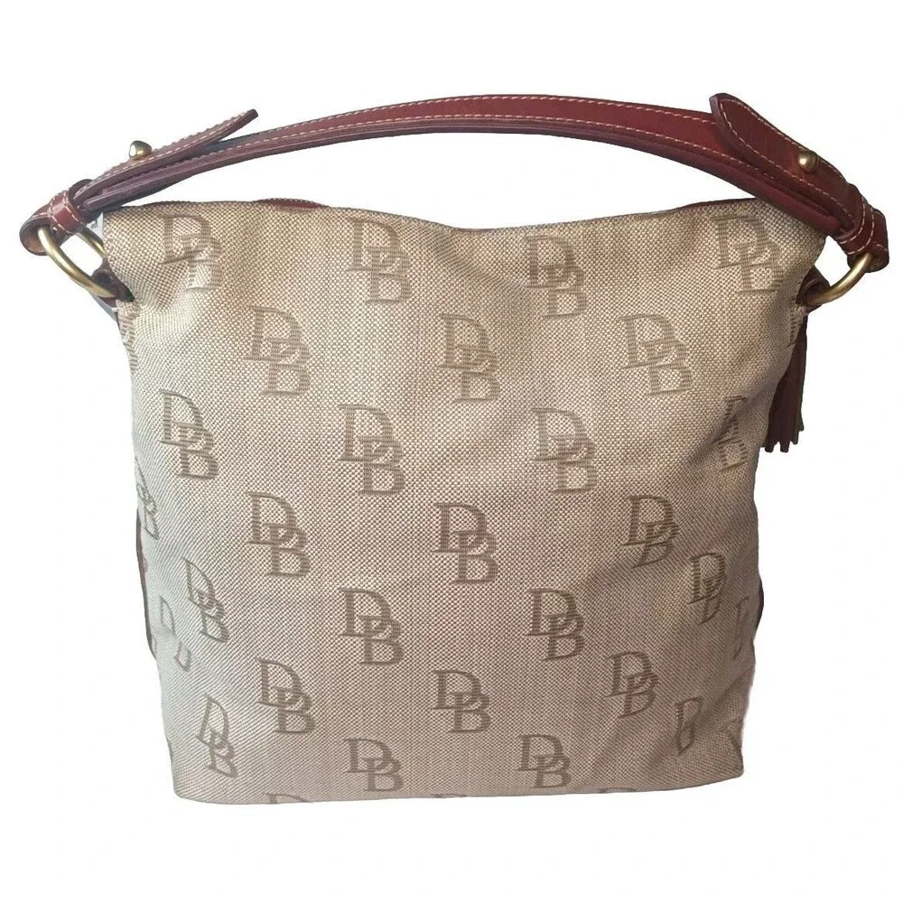 Dooney & Bourke Brown Signature Hobo Canvas Shoulder Bag Leather Trim